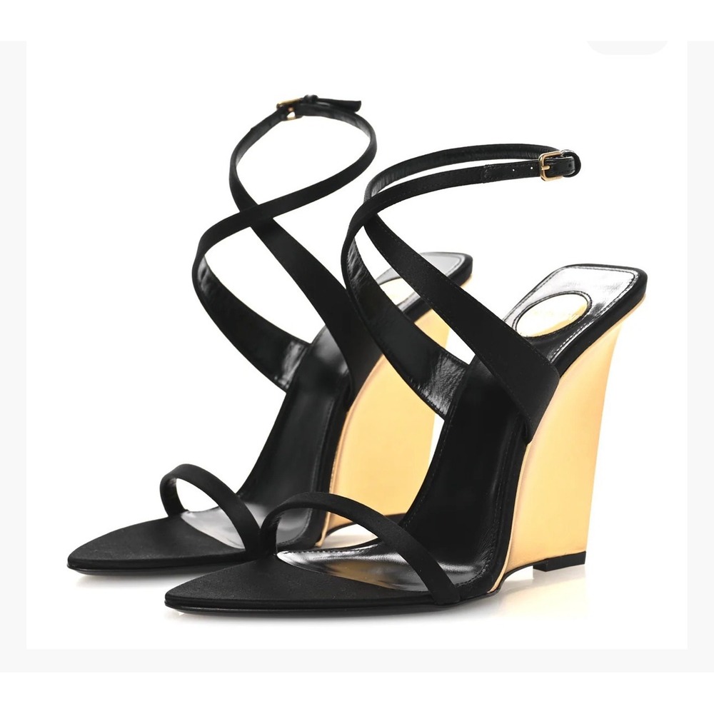 Saint Laurent Paloma Black Satin Gold‎ Wedge Ankle Strap Sandals Heels